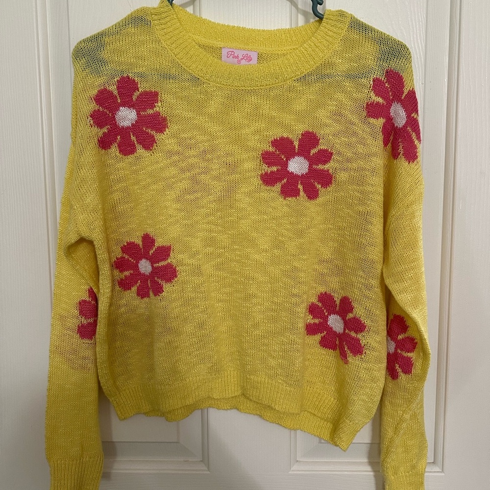 Pink Lily Yellow Sweater with Pink Floral Design